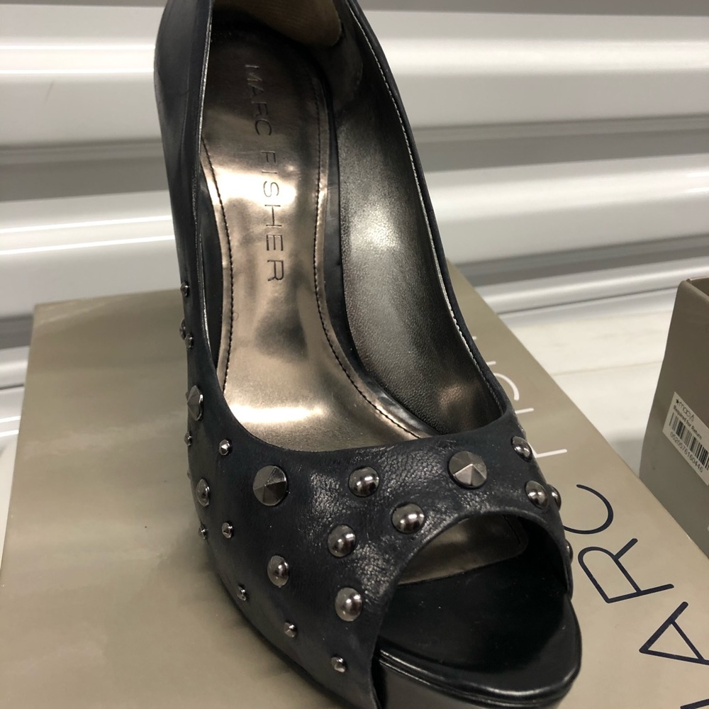 Black studded open toe pumps